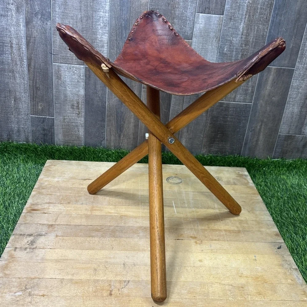 Vintage 1950s Teak Leather Folding Tripod Footstool Ottoman Safari Decor